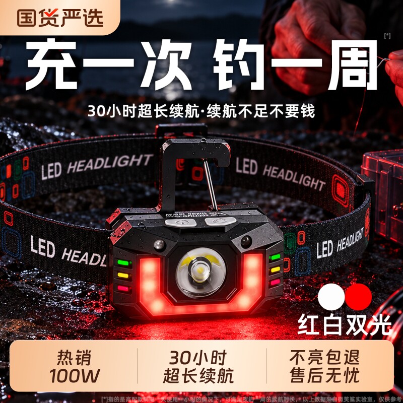 夜钓感应头灯钓鱼专用2026新款强光超亮续航户外头戴式照明灯小时