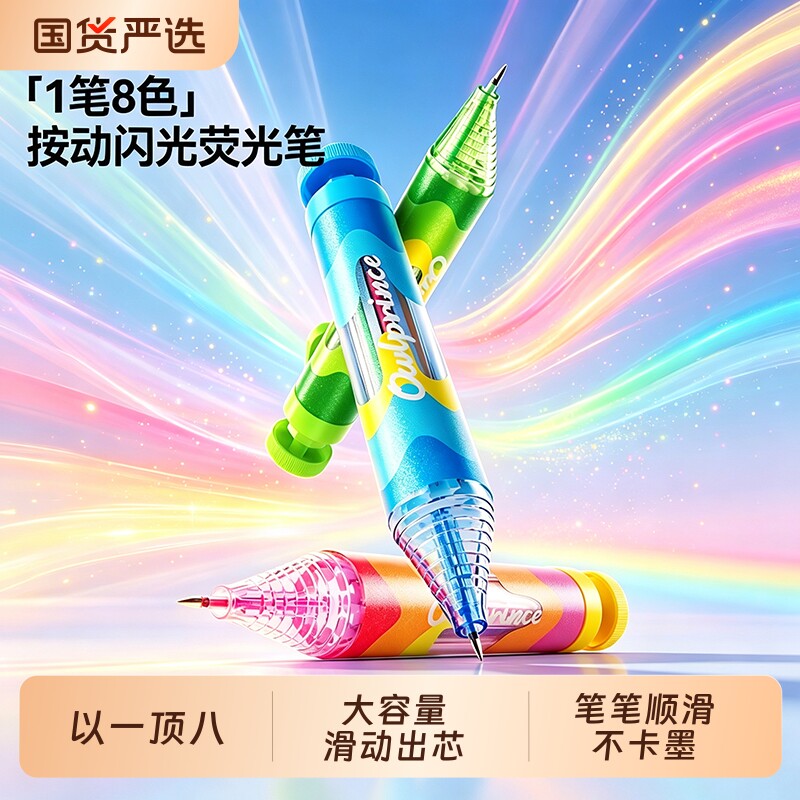 猫太子8色按动闪光荧光笔1笔8色