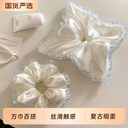 白色缎面蓝边大肠发圈韩式少女风小清新大号蓬松慵懒风发饰新款
