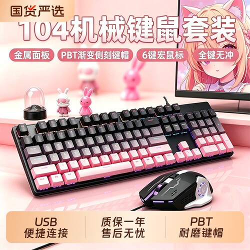 F104键有线机械键盘鼠标青轴渐变电竞游戏办公笔记本电脑台式通用