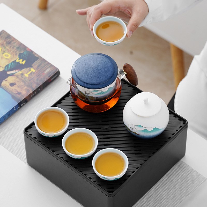 简约玻璃便携旅行茶具套装户外出差一壶四杯收纳包泡茶组家用会客