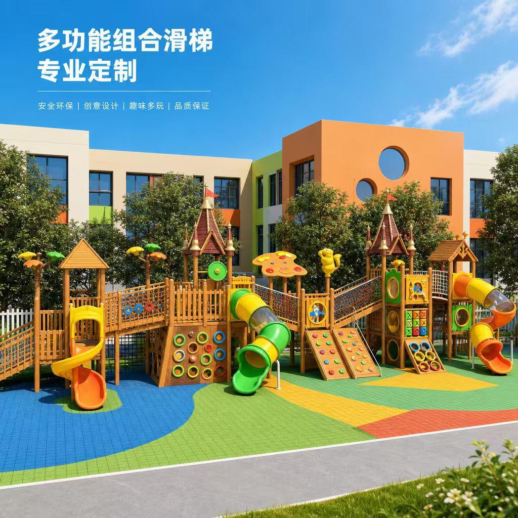 攀爬组合滑梯体能训练组合户外幼儿园荡桥钻洞黄花梨木制攀爬网架