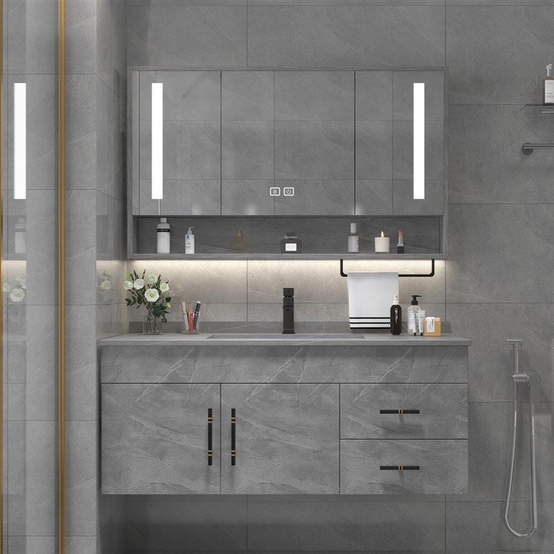 2022新款浴室柜组合陶瓷洗漱洗手台盆柜岩板台面实木智能镜柜