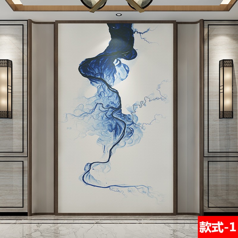 8D新中式水墨山水抽象壁纸轻奢墙布玄关墙纸过道走廊背景墙画壁布
