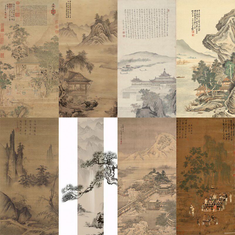 新中式古典宋式美学竖版背景墙古风画芯图库墙布壁画墙纸壁纸