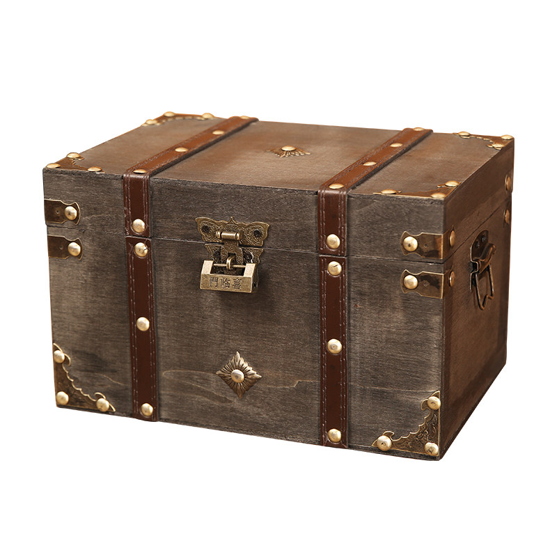 带锁大号复古桌面收纳盒证件整理储物盒密码箱杂物小木盒子百宝箱