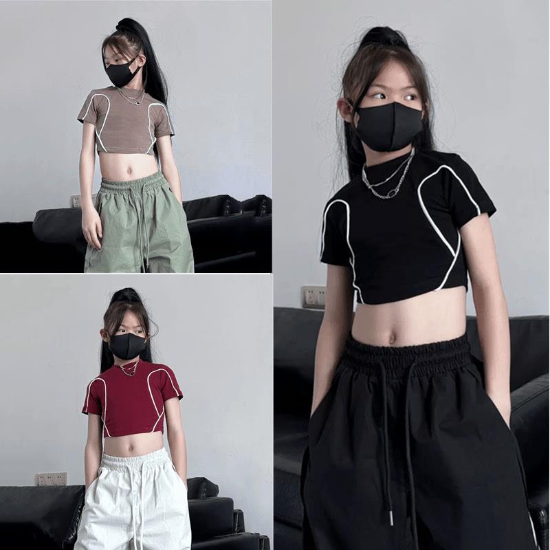 夏季新款童装潮酷女童机能风骑行T恤修身露脐舞蹈爵士舞短袖上衣