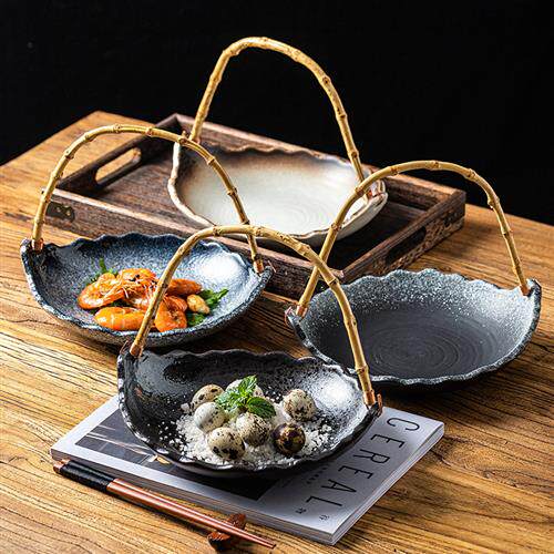 创意日式吊篮盘子个性西餐盘陶瓷提篮盘料理托盘带提手刺身料理盘