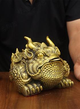 纯黄铜霸王金蟾三足蟾瑞兽摆件室内霸王金蟾八方来财金蟾装饰摆设