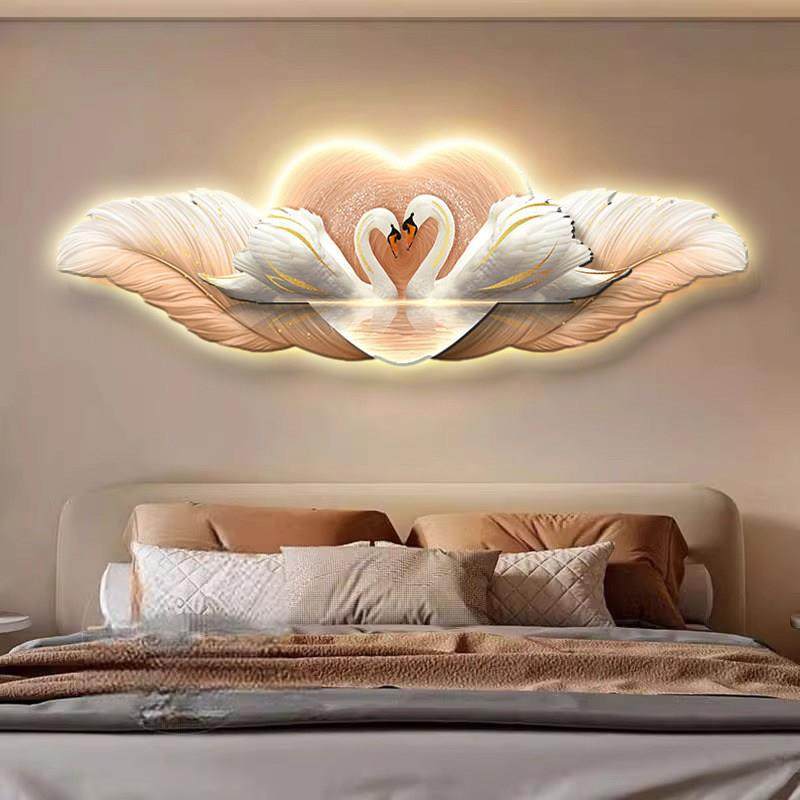 LED带灯轻奢羽毛天鹅床头画 画卧室挂画 画现代简约酒店装饰画 画,家居饰品,氛围画/灯画,淘宝优惠券,粉丝福利购,淘宝优惠卷