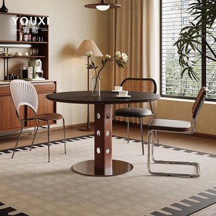 餐桌实木 中古风圆桌岩板餐桌椅组合家用小户型白蜡木饭桌2025新款
