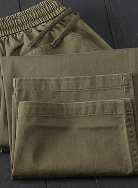 军绿色新疆长绒棉洗水抽绳松紧腰复古工装裤纯色百搭通勤直筒长裤