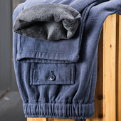 加绒加厚蓝色苎麻松紧腰长裤 纯色简约中国风洗水棉麻简约直筒裤