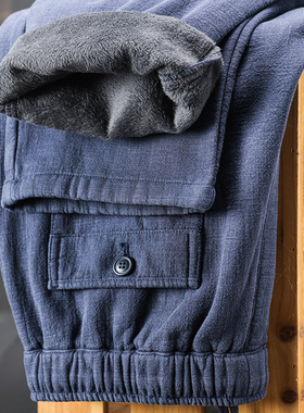 加绒加厚蓝色苎麻松紧腰长裤 纯色简约中国风洗水棉麻简约直筒裤