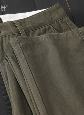 军绿色 秋季纯棉工装休闲长裤洗水复古纯色简约百搭小脚口直筒裤