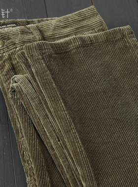 弹力纯棉粗条灯芯绒休闲长裤350g平腰洗水复古百搭暗绿色长裤秋冬