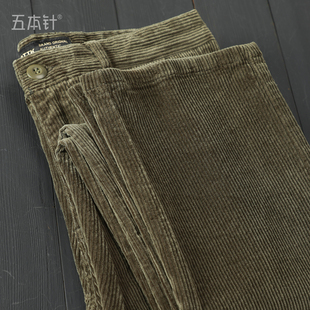 弹力纯棉粗条灯芯绒休闲长裤 秋冬 350g平腰洗水复古百搭暗绿色长裤