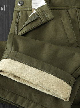 加绒加厚洗水棉质复古工装裤纯色百搭通勤宽松阔腿直筒军绿色长裤