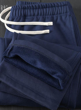 【一体绒】藏蓝色双股双纱自发热直筒裤 秋冬季纯色简约加绒卫裤