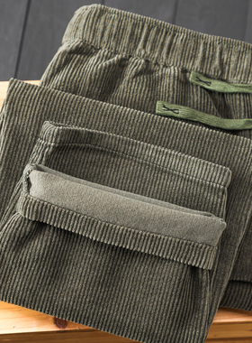 2025春秋季纯棉粗纹灯芯绒长裤 绿色复古纯色洗水条绒休闲直筒裤