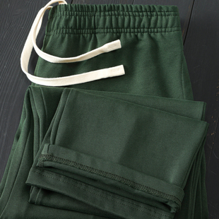 秋冬厚款紧密双纱精梳全棉直筒长裤保暖亲肤松紧腰男女墨绿色卫裤