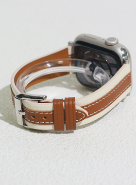 适用iwatchs11/10/9表带双色拼接编织真皮表带复古文艺气质腕带