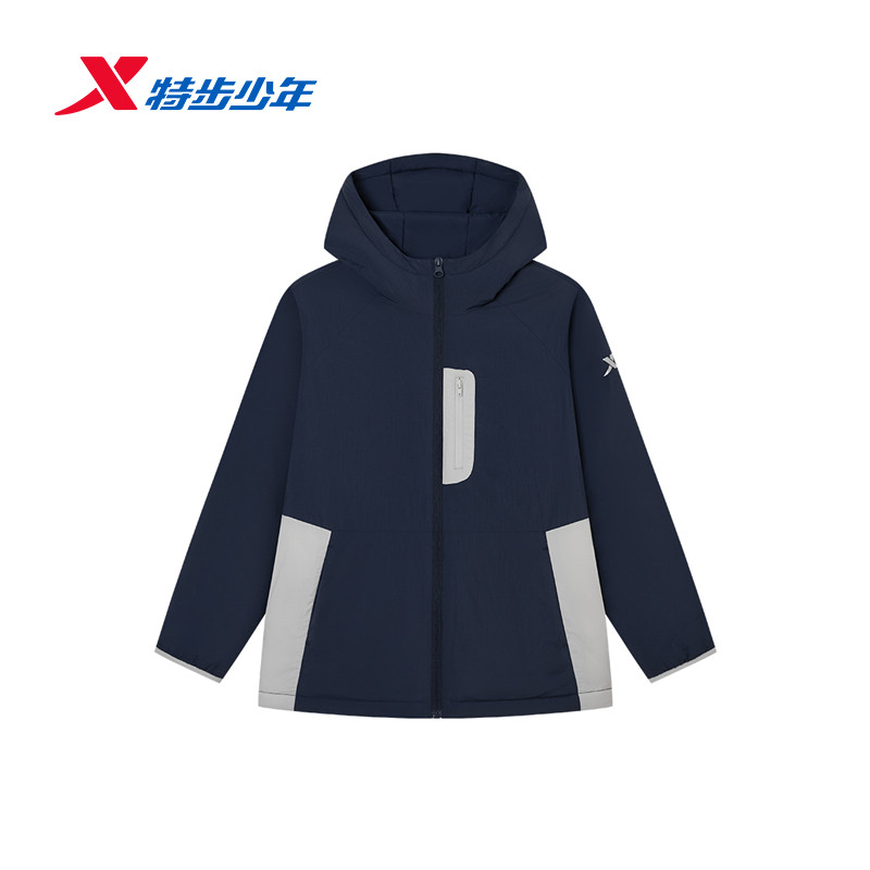 特步连帽防风撞色外套男女运动风拼色拉链夹克户外连帽外套棉服