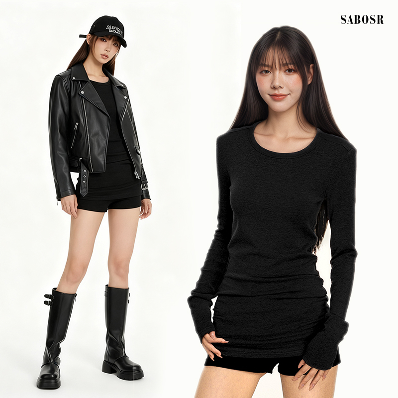 黑色内搭修身圆领中长款遮屁股正肩长袖女t恤收腰修身紧身打底衫