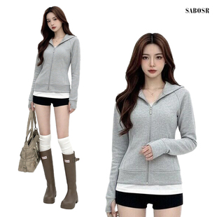 灰色修身卫衣外套女秋冬季显瘦正肩短款连帽内搭收腰上衣春季穿搭