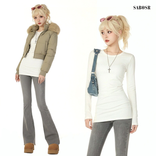 白色内搭圆领中长款遮屁股长袖女t恤修身紧身打底衫上衣德绒纯棉