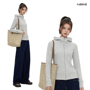 灰色修身卫衣外套女秋冬季显瘦正肩短款连帽内搭收腰上衣春季穿搭