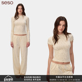 棉氨混纺亲肤法式 seso 浪漫 长裤 套装 复古碎花 圆领T恤长袖