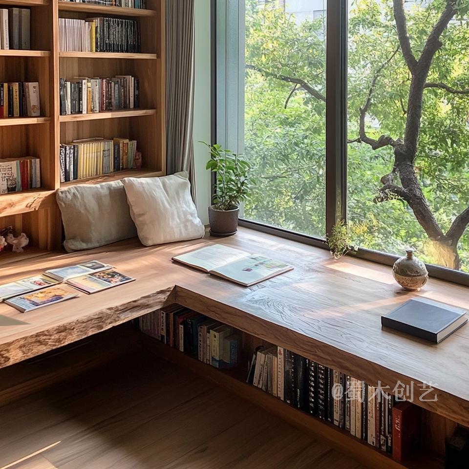 蜀木创艺转角连身书桌柜满墙书架一体书房改造覆古风简约全纯实木