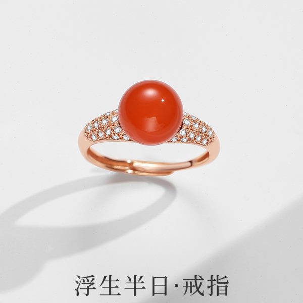 南红玛瑙戒指女925银可调节保山冰红原矿属龙本命年单珠指环手饰