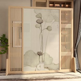 屏风隔断客厅入户玄关实木移动卧室遮挡家用禅意荷花办公室 新中式