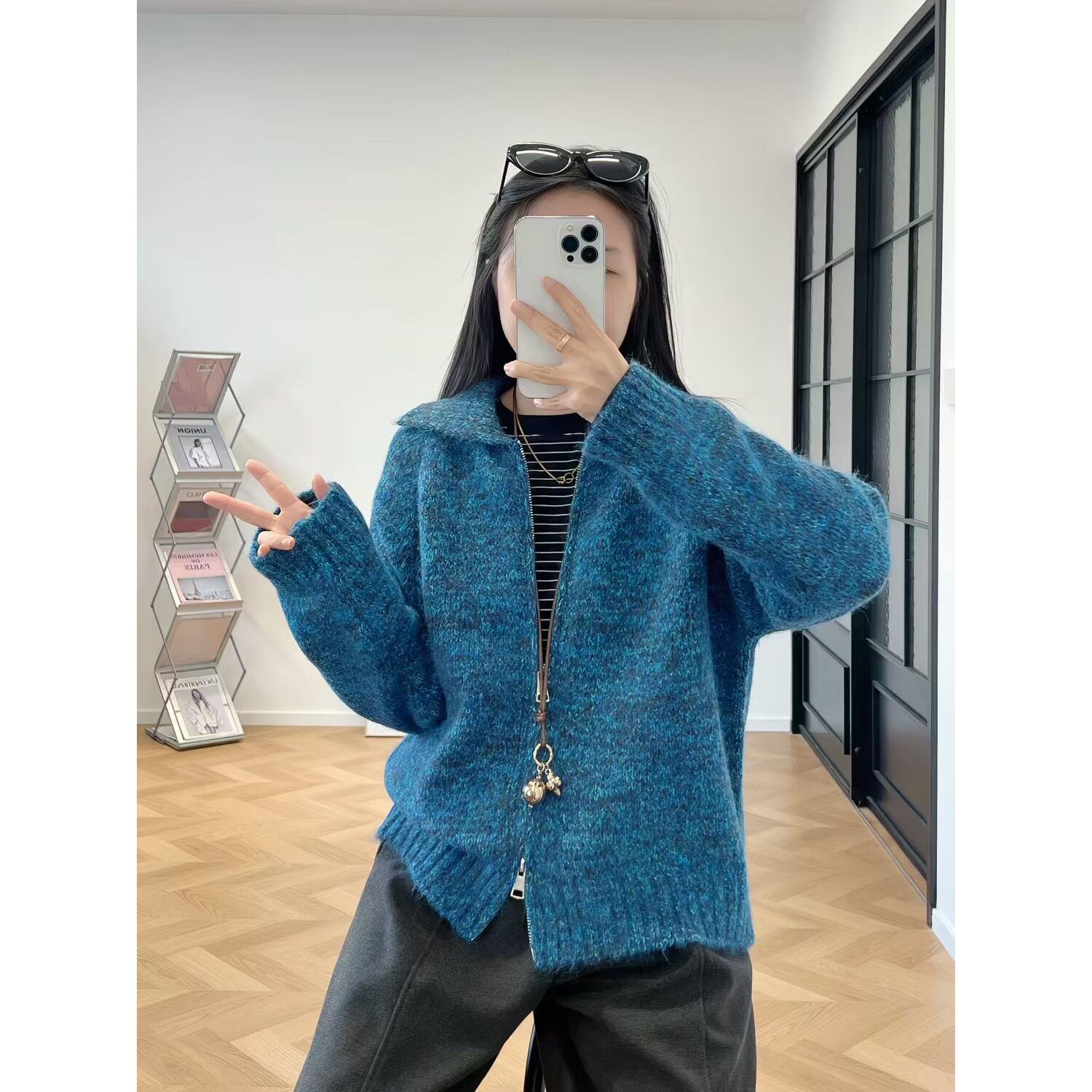 秋冬款软糯长毛花纱翻领毛衣外套女慵懒宽松加厚双拉链针织衫