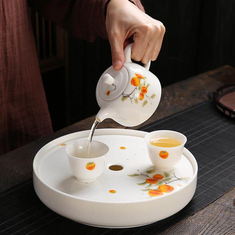 德化羊脂玉白瓷圆形茶盘功夫茶具日式家用干泡台储水式陶瓷茶托,餐饮具,茶盘,淘宝优惠券,粉丝福利购,淘宝优惠卷