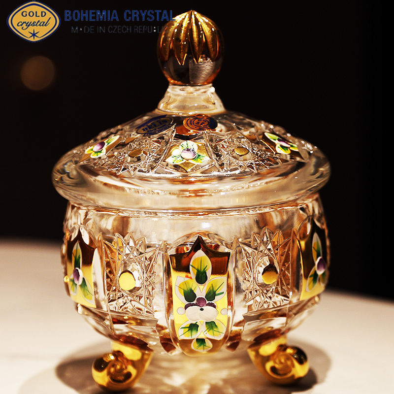 捷克进口BOHEMIA水晶玻璃太阳花描金珐琅糖果缸带盖果盒饰品摆件