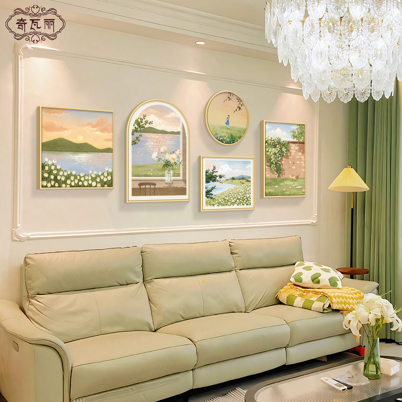 优选法式客厅装饰画风景餐厅组合壁画奶油风窗户沙发背景墙挂画小