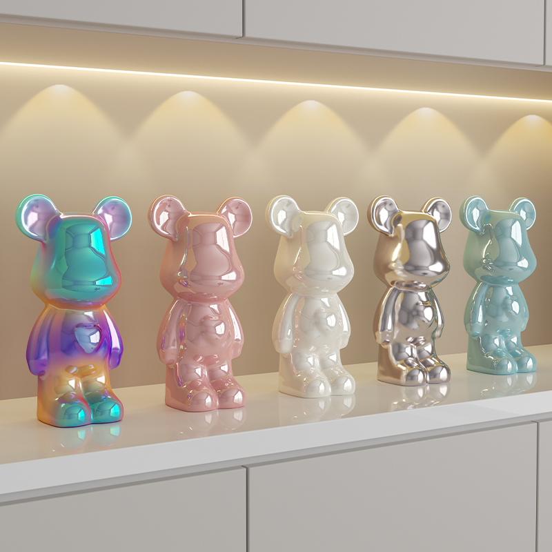 陶瓷暴力熊酒柜摆件奶油风客厅玄关餐边玻璃柜卡通熊高级感装饰品