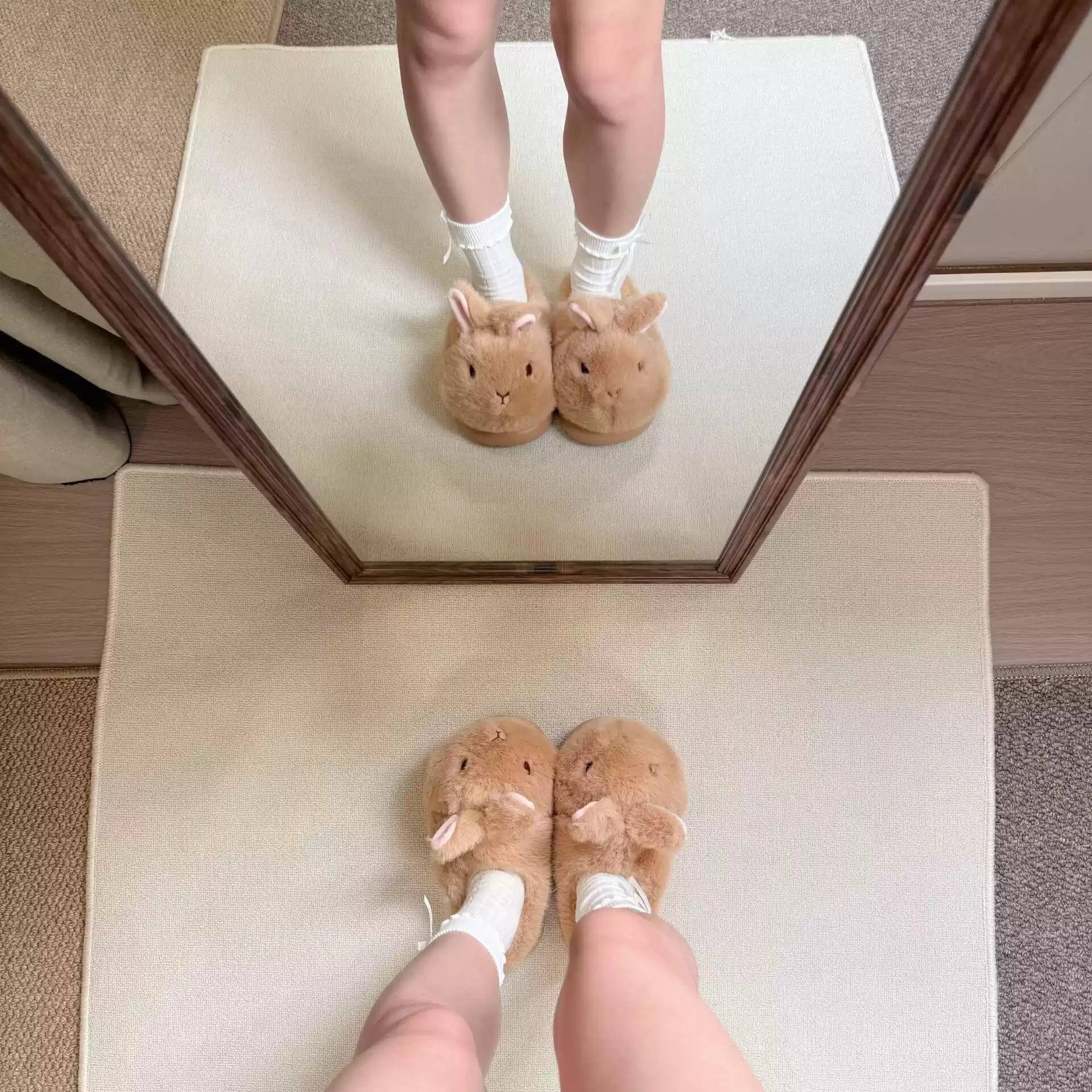 萌化了可爱粉耳小兔毛毛拖鞋女拖