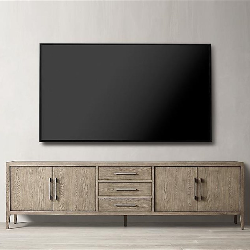 RH美式乡村出口带抽屉的法式现代面板 4门客厅橡木实木储物电视柜