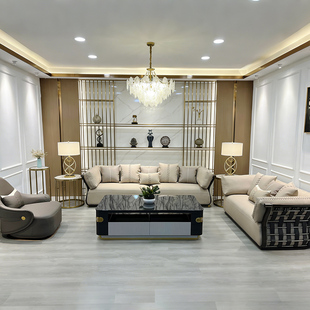 意式 轻奢头层真皮不锈钢沙发高端别墅客厅大平层奢华编织沙发组合