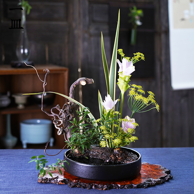 剑山插花器花器小原流池坊花道中华花艺文花简约中式陶瓷器皿水盘