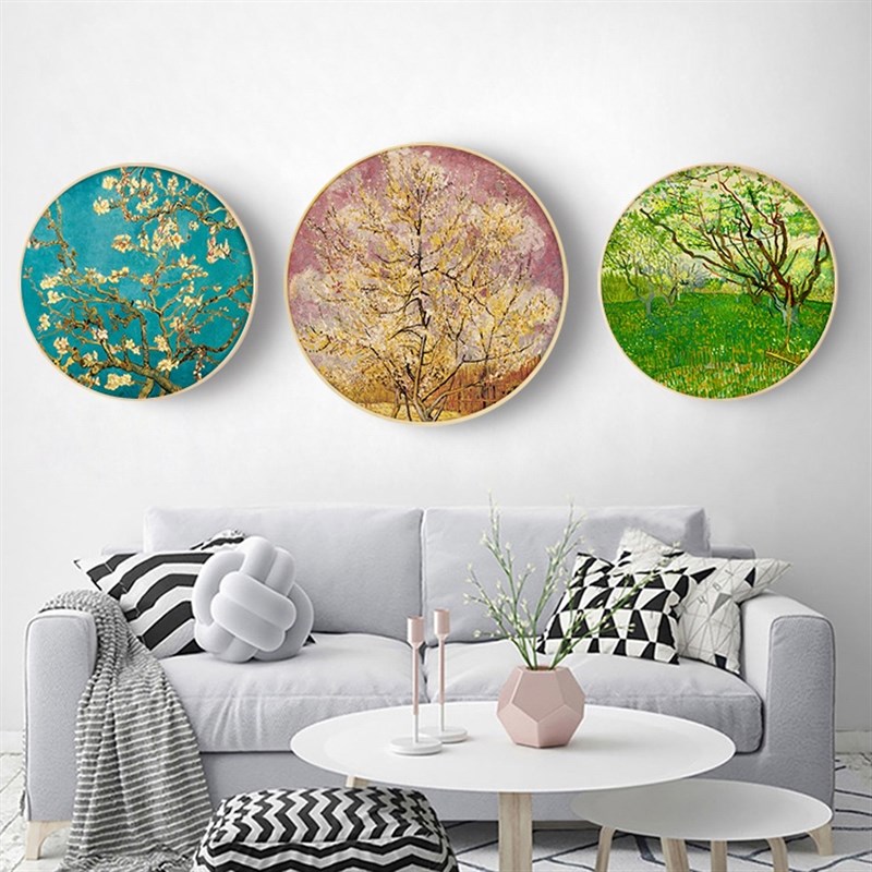 欧式风景梵高星空咖啡馆实木圆形画框餐厅玄关客厅背景墙装饰挂画