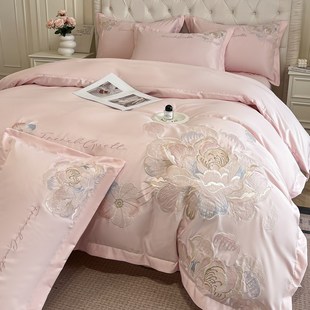 水洗真丝四件套被套精美刺绣高级感轻奢风绣花床上用品四件套 夏季