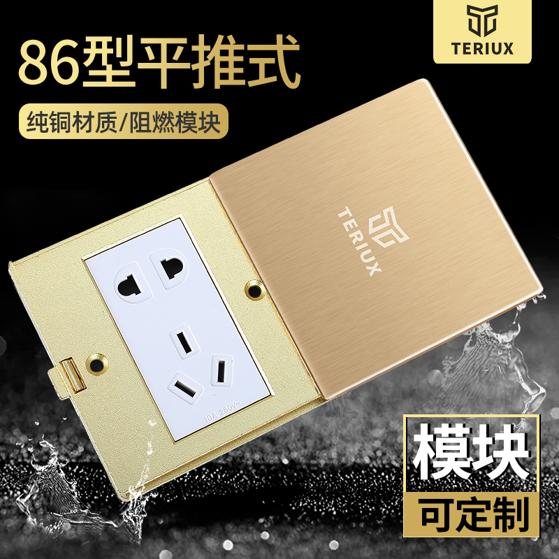 TERIUX86型地插座全铜防水地插平推式地插座滑盖地面插座五孔地插
