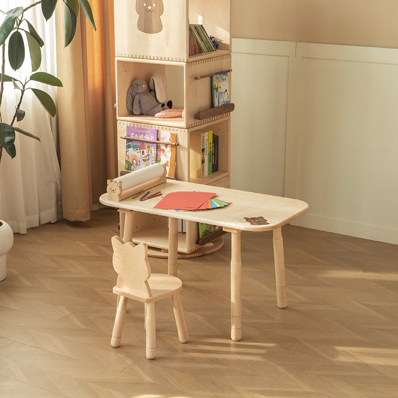 优选实木儿童升降桌椅幼儿园学习玩具桌卡通生肖桌硬枫木樱桃木黑