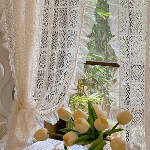 优选法式 清新米色荷叶花边半帘隔 复古镂空棉线蕾丝仙女风纱帘韩式