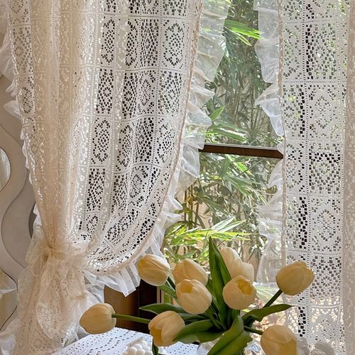 优选法式复古镂空棉线蕾丝仙女风纱帘韩式清新米色荷叶花边半帘隔